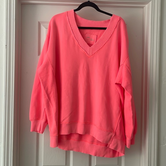 aerie Tops - Aerie Oversized Neon Pink V Neck Sweatshirt NWT